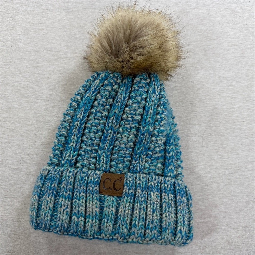 C.C. Beanie Hat Womens One‎ Size Blue Marled Cable Knit Pom Pom Fleece